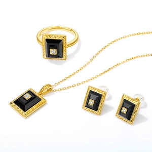 Vintage gold plated silver jewelry set with black agate ring, necklace and earrings
