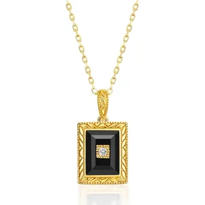 Vintage 925 Sterling Silver Black Agate Pendant Necklace For Women Gold Plated Geometric Zirconia Inlaid Ethnic Style Jewelry