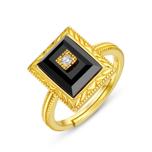 Vintage gold-plated S925 silver ring featuring black agate and adjustable woven band