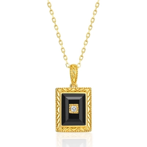 Vintage style 18K gold plated silver necklace with rectangular black agate and zircon