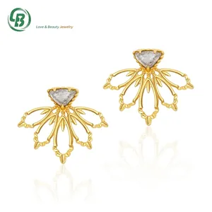 Vintage 925 Sterling Silver Stud Earrings For Women Natural Labradorite Inlaid Hollow Lotus Petal Gold Plated Niche Jewelry