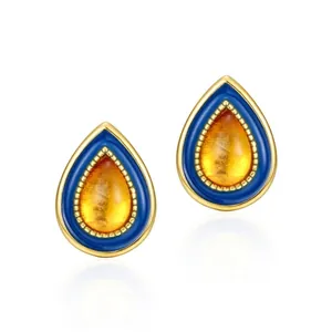 925 Sterling Silver Gold Plated Teardrop Stud Earrings With Blue Enamel And Amber Yellow Inlay For Women Vintage Jewelry