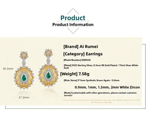 Detail view of vintage water-drop earrings with green agate and size measurements