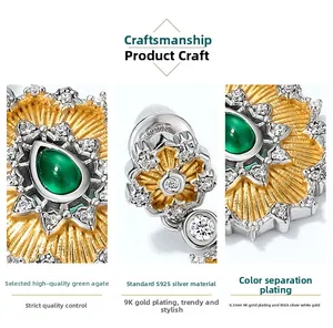 Macro detail of vintage S925 silver earrings with green agate and 9K gold plating