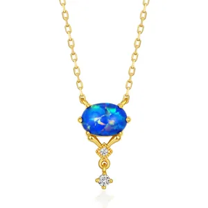 Collier Vintage en Argent Sterling 925 avec Opale Artificielle pour Femmes Pendentif Zirconia Plqué Or Bijoux Cadeau