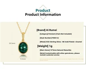 Dettaglio macro del pendente in malachite con dimensioni 19,5x9,5mm e specifiche argento S925