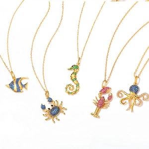 Colliers animaux marins en argent 925 doré avec spinelle bleue et zircons colorés
