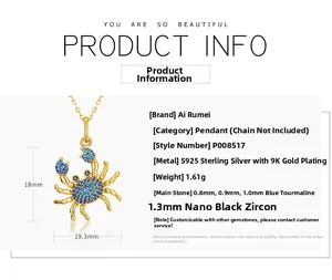 Spécifications détaillées du pendentif crabe en argent S925 avec spinelle bleu