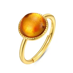 925 Sterling Silver Natural Amber Moss Agate Geometric Round Open Ring For Women Adjustable Gold Plated Retro Jewelry Gift
