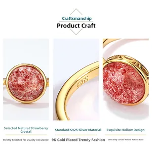 Vista dettagliata anello argento S925 oro 9K con cristallo fragola e marchio S925