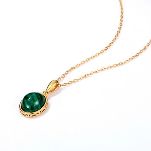 Collana retrò giapponese in argento 925 con pendente ovale in malachite verde