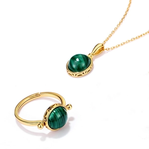 Set gioielli vintage in argento 925 con ciondolo malachite e anello regolabile
