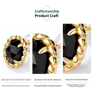 Macro detail of natural black agate stud earring with S925 silver 9K gold twisted edge