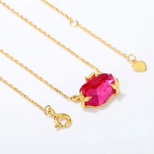 Minimalist S925 silver necklace with octagonal pink topaz pendant and gold leaf setting