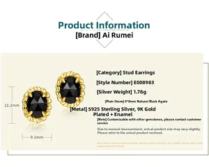 Detail view of oval black agate earrings in S925 silver with 9K gold retro twisted edges