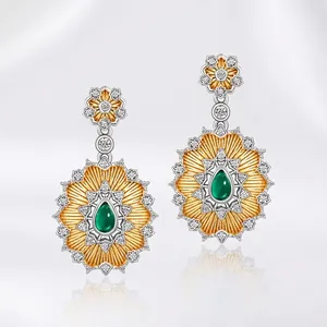 Retro 925 Sterling Silver Sun Flower Stud Earrings With Synthetic Green Agate Rhinestone Geometric Earrings For Women Jewelry