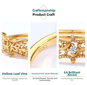 Macro view of S925 sterling silver ring with 9K gold plating and vine pattern