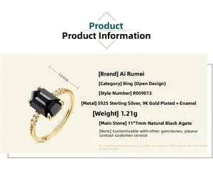 Detailed specs of adjustable S925 silver ring with 11x7mm black agate and 9K gold plating