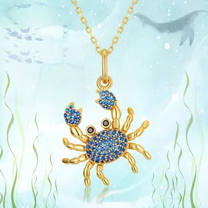 Collier Pendentif Crabe en Argent Sterling S925 Avec Spinelle Bleu Zirconia Plaqué Or Bijoux Zodiaque Cancer pour Femmes