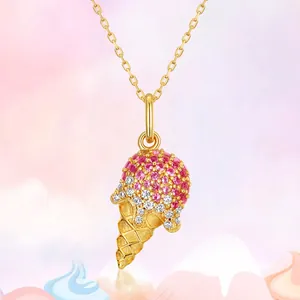 925 Sterlingsilber Eistüte Anhänger Kette Rot Rosa Weiß Zirkonia Eingelegt Vergoldeter Schmuck Für Damen Urlaub Zubehör