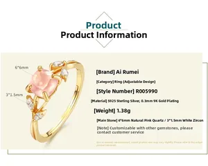 Macro detail of S925 sterling silver ring with 6mm natural rose quartz and 9K gold plating