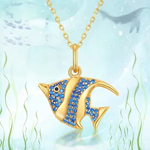 925 Sterlingsilber Tropischer Fisch Anhänger Halskette Gold Plattiert Blau Zirkonia Ozean Thema Angelfisch Damen Schmuck