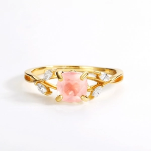 S925 sterling silver ring with natural rose quartz and elegant gold leaf accents