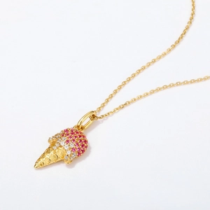 Halskette aus S925 Sterlingsilber mit Eiscreme-Anhänger aus rosa-weißen Kristallen