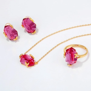 Gold plated S925 silver jewelry set with rose red crystals, necklace earrings and ring
