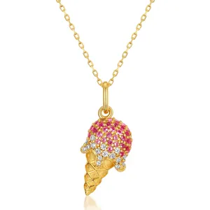 Elegante S925 Silberkette vergoldet mit rosa Eiswaffel-Anhänger und funkelnden Steinen