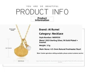 Detailed dimensions of 925 silver scallop necklace with natural freshwater pearl