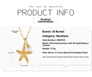 Détail du pendentif étoile de mer dorée avec perle d'eau douce et dimensions