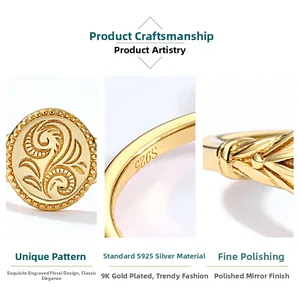 Macro view of engraved leaf pattern on 9K gold-plated S925 silver vintage ring