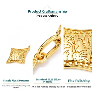 Detail of S925 silver necklace with 9K gold plating and intricate leaf pattern engraving