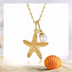 Collier Pendentif Étoile de Mer Argent Sterling S925 Plaqué Or 9K Avec Perle d'Eau Douce Naturelle Bijou Marin Femme Été