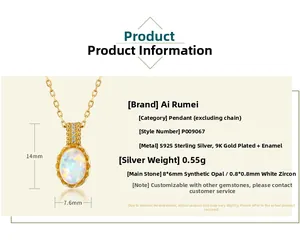 Macro detail of oval opal pendant with 925 silver 9K gold plating and size measurements