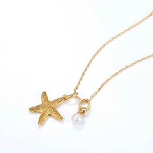 Collier en argent s925 plaqué or 9K avec pendentif étoile de mer et perle d'eau douce