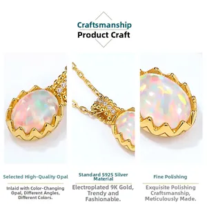 Macro detail of S925 silver 9K gold plated pendant featuring a colorful oval opal gemstone