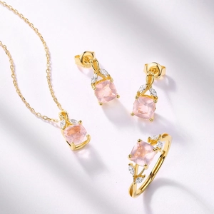 Parure de bijoux en argent S925 avec pendentif quartz rose, bague et boucles d'oreilles