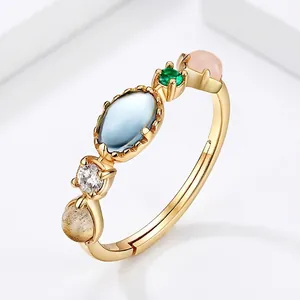 S925 Sterlingsilber Vergoldeter Verstellbarer Ring Regenbogen Natürlicher Labradorit Bunter Zirkonia Inlay Damen Schmuck