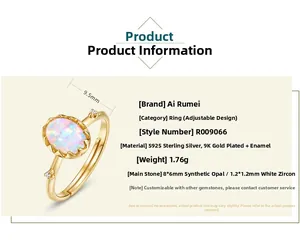 Détails de la bague opale ovale en argent S925 plaqué or 9K et zircon blanc brillant