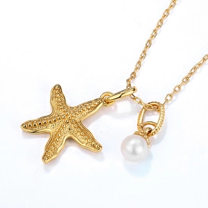 Collier en argent s925 plaqué or 9K avec pendentif étoile de mer et perle d'eau douce