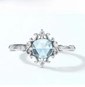Macro detail of sky blue topaz ring with intricate vintage filigree and silver accents