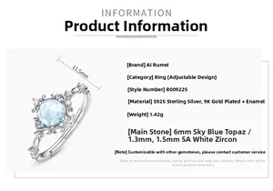 Detailed specs of S925 sterling silver ring featuring a 6mm sky blue topaz and 9K gold plating