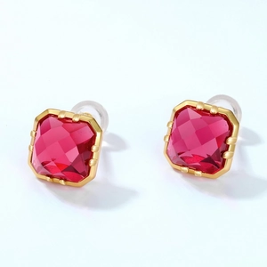 S925 silver square red corundum stud earrings with 9K gold plating and diamond-cut edges