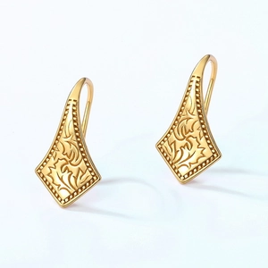 Vintage 9K gold plated S925 silver rhombic drop earrings with engraved vine patterns