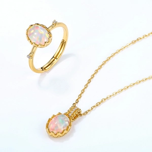 Vintage Japanese style 9K gold plated silver jewelry set with oval opal stones
