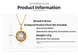 Detail of 9mm hexagonal labradorite pendant in 9K gold plated S925 sterling silver