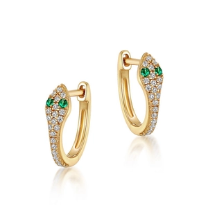 Elegante goldene Schlangen-Ohrringe mit weißem Zirkonia-Pavé und grünen Augen