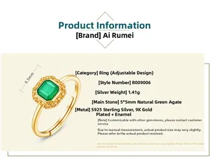 Detailed view of S925 silver ring with 9K gold plating and square green agate inlay